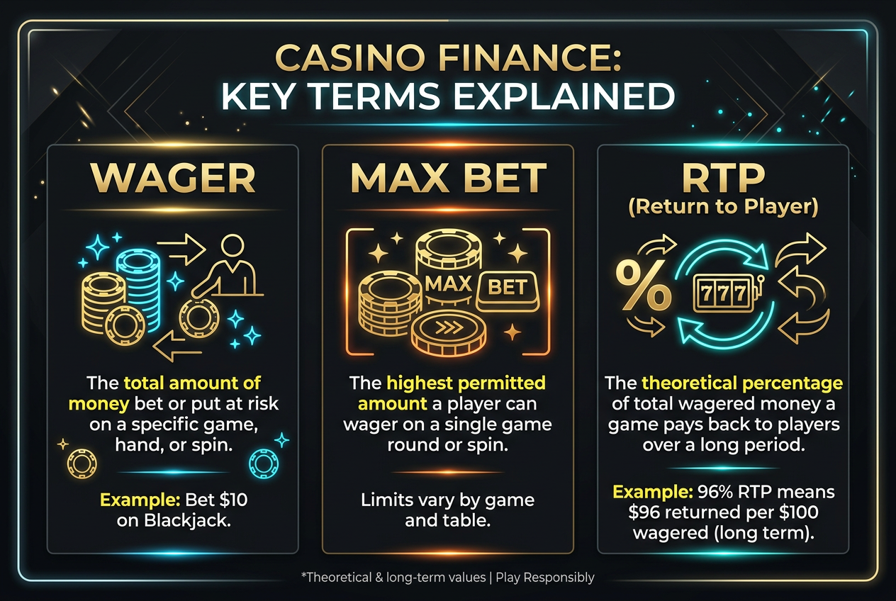 Infografika objaśniająca warunki bonusowe Wager, Max Bet i RTP