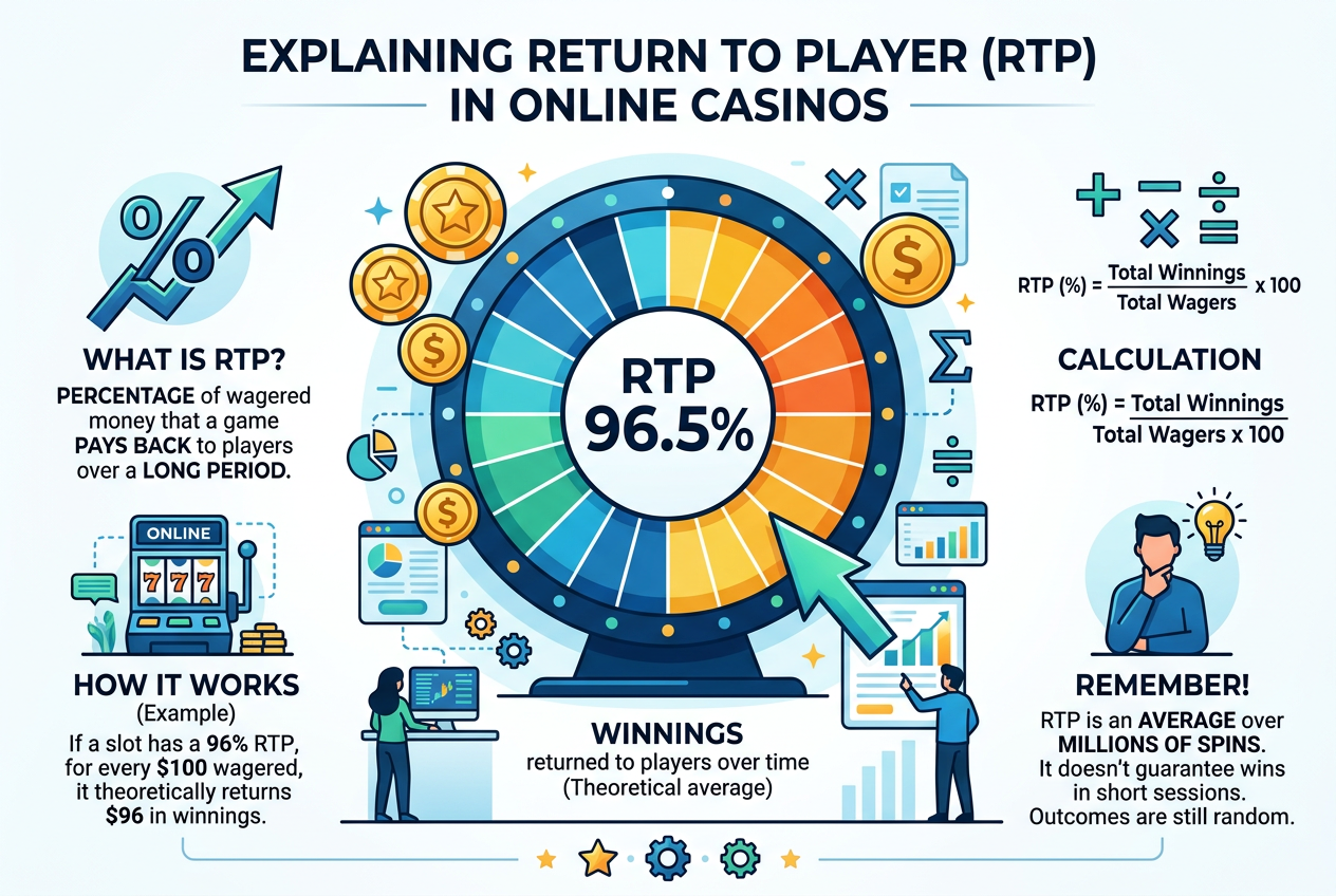 Infografika wyjaśniająca mechanizm RTP oraz statystyczny zwrot dla gracza w kasynie online